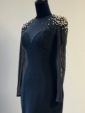 Tadashi Shoji Black Long Sleeve Pearl-Shoulder Evening Dress